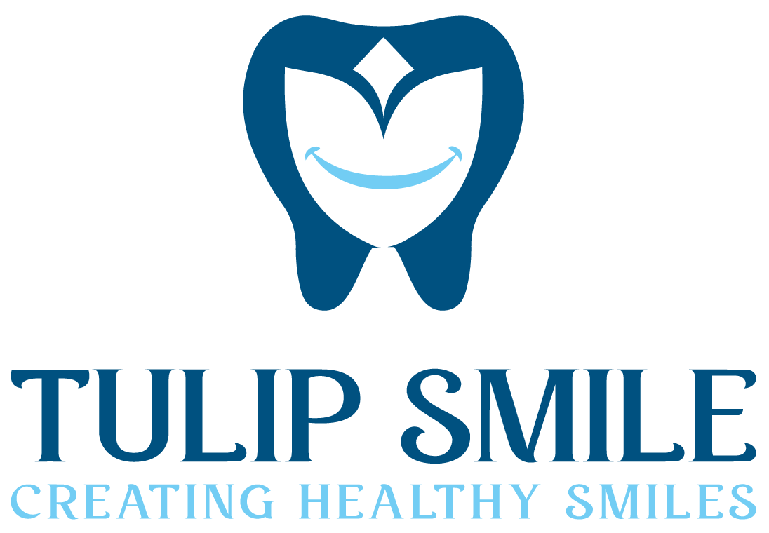 Tulip Smile Dental Clinic logo, stylized tulip flower in bloom forming a smile.